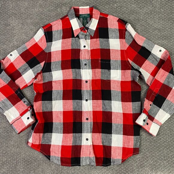NWOT Lauren Ralph Lauren Linen Shirt Women's Large Red Plaid Check Button Down - Picture 1 of 12